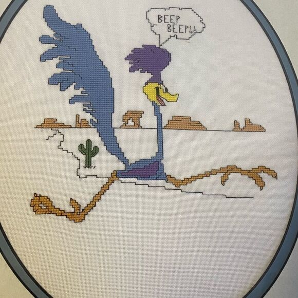 Framed Vintage Needlepoint cross stitch Road Runner BEEP BEEP Looney Tunes art - Picture 5 of 10